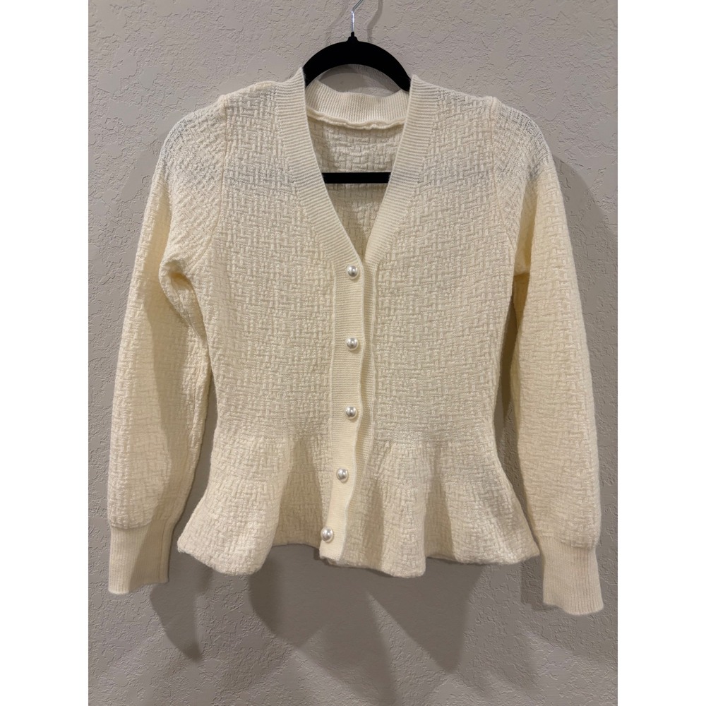 Dazy Cream Textured Peplum Cardigan V-Neck Pearl Button Knit Top Size M